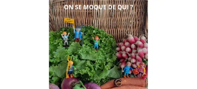 Des figurines Playmobil posées sur des salades, radis et carottes, brandissant des pancartes et fourches, questionnant « On se moque de qui ? Plus un radis ? », une mise en scène humoristique et critique sur l’agriculture et le vernis vert.