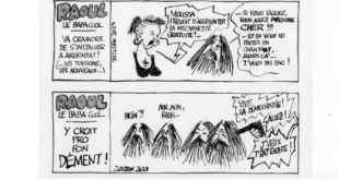Dessin humoristique mettant en scène « Raoul le baba cool » à Argentat, discutant de l’installation de nouveaux habitants et des tensions locales, sur le ton de la dérision.