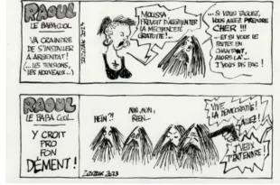 Dessin humoristique mettant en scène « Raoul le baba cool » à Argentat, discutant de l’installation de nouveaux habitants et des tensions locales, sur le ton de la dérision.