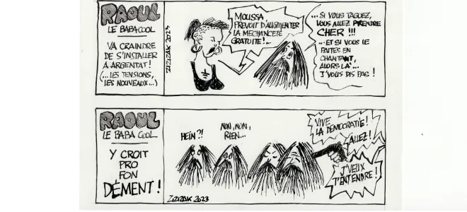 Dessin humoristique mettant en scène « Raoul le baba cool » à Argentat, discutant de l’installation de nouveaux habitants et des tensions locales, sur le ton de la dérision.