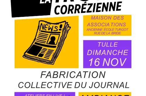 Affiche principale Journée mondiale La Trousse Tulle. Titre : journée mondiale de soutien à La Trousse corrézienne. Lieu : Maison des associations, Tulle. Date : dimanche 16 novembre. Fabrication collective du journal. Ambiance conviviale, ateliers en live (écriture, illustration, correction, chemin de fer, rétroplanning), brunch et goûter auberge espagnole, informations pour venir en famille ou entre ami.e.s.﻿