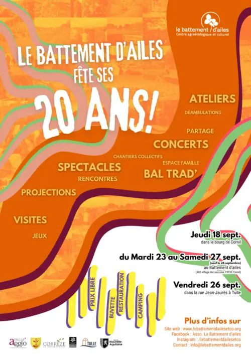 Affiche des 20 ans du Battement d’ailes, centre agroécologique et culturel, avec programme de fêtes, ateliers, concerts, bal trad’ et dates à Cornil et Tulle.