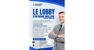 Flyer satirique du "Lobby d'un monde meilleur (pour les capitalistes)" sur fond rose et bleu. Titre : "Il ne reste que quelques mois avant les élections municipales, et quelques années avant la fin du monde. Il est temps de réagir !" Propositions : Patrick Sébastien Premier ministre, abrogation des caisses de retraite et allocations chômage, néonicotinoïdes dans les cantines scolaires, suppression des jours fériés. Appel à rejoindre le mouvement avec adhésion via CPF et panneaux scolaires offerts.