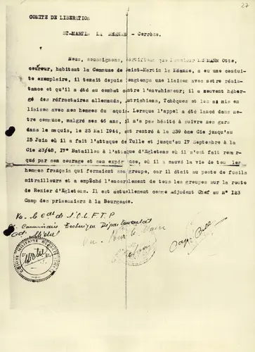 Une lettre dactylographiée du Comité de Libération de Saint-Martin-la-Méanne, Corrèze, datant de 1945. Le document atteste des actions héroïques d'« Otto Lehmann » (dossier Lehmann) dans la Résistance, notamment lors des attaques de Tulle et d'Égletons. Elle est signée à la main par les chefs locaux de la Résistance, Émile Dichamp et le Commandant Michel. Le document porte un tampon officiel de l'armée.