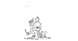 Dessin humoristique de Sergi P. illustrant la mauvaise gestion. Un dirigeant souriant s'assoit sur un pilier d'immeuble fissuré, symbole de l'office HLM en ruine, tout en serrant des liasses de billets, faisant écho au pactole de l'ex-directeur de Corrèze Habitat et au déficit de 5 millions décrits dans l'article.