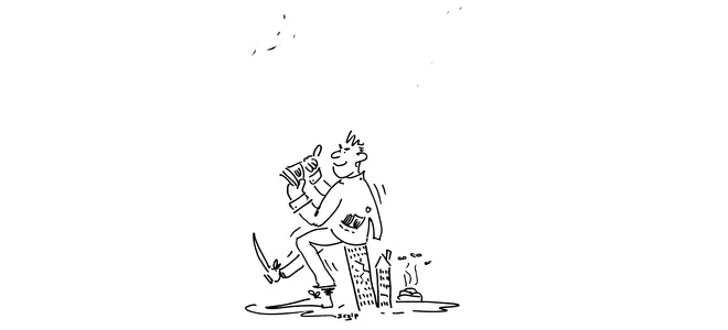 Dessin humoristique de Sergi P. illustrant la mauvaise gestion. Un dirigeant souriant s'assoit sur un pilier d'immeuble fissuré, symbole de l'office HLM en ruine, tout en serrant des liasses de billets, faisant écho au pactole de l'ex-directeur de Corrèze Habitat et au déficit de 5 millions décrits dans l'article.