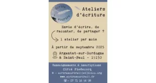Flyer des ateliers d'écriture de Circé Piedecocq – "Envie d'écrire, de raconter, de partager ?" Un atelier par mois à partir de septembre 2025 à Argentat-sur-Dordogne et Saint-Paul (19150). Contact : ecriresourirel9@ilico.org – www.ecriresourirel9.fr
