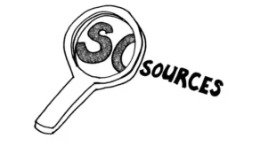 Dessin d'une loupe avec le mot "SOURCES", représentant la vérification des preuves et l'enquête sur la fiabilité des informations