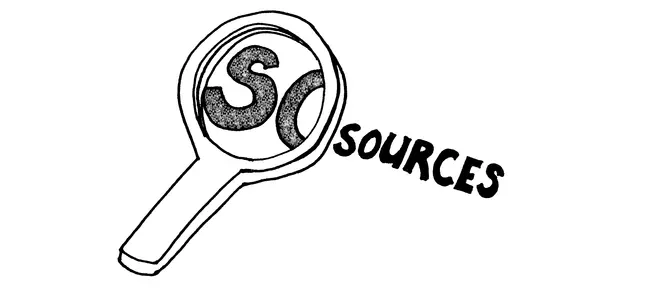 Dessin d'une loupe avec le mot "SOURCES", représentant la vérification des preuves et l'enquête sur la fiabilité des informations