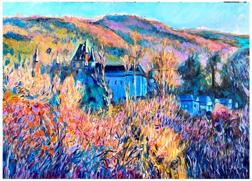 Illustration aux pastels d'un paysage boisé et rural de Haute-Vienne, avec sa maison bleue traditionnelle. L'image illustre les terres agricoles et les forêts menacées par le projet autoroutier controversé N147 dénoncé dans l'article, qui prévoit la destruction de 300 hectares de terres pour un coût de 132 millions d'euros.