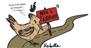 Affiche de manifestation du collectif Alouettes 147 – "Toujours les mêmes qui trinquent... NON À L'AUTOROUTE" – contestation du projet de 2x2 voies sur la N147 à Herbette, Limoges.