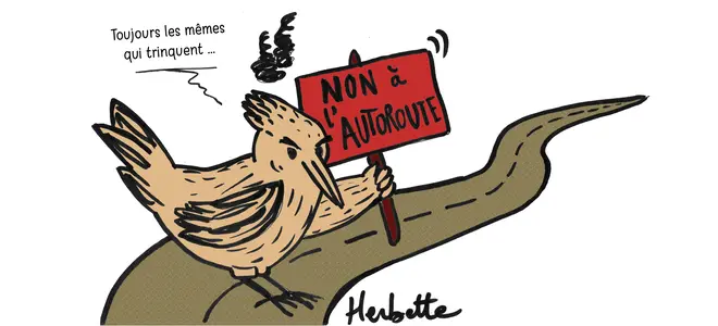 Affiche de manifestation du collectif Alouettes 147 – "Toujours les mêmes qui trinquent... NON À L'AUTOROUTE" – contestation du projet de 2x2 voies sur la N147 à Herbette, Limoges.