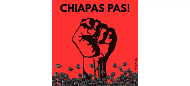 Couverture du livre "Chiapas Pas !" – titre en lettres rouges sur fond clair, avec la mention "Sycomore" – en lien avec l'article sur le café du Chiapas et la lutte zapatiste.