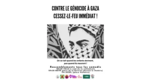 Affiche AFPS Corrèze – CONTRE LE GÉNOCIDE À GAZA – rassemblements à Tulle, Brive et Ussel – communiqué Palestine.