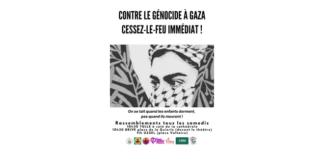 Affiche AFPS Corrèze – CONTRE LE GÉNOCIDE À GAZA – rassemblements à Tulle, Brive et Ussel – communiqué Palestine.