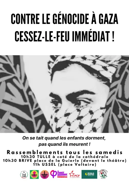 Affiche de l'AFPS Corrèze – fond noir, texte en rouge "CONTRE LE GÉNOCIDE À GAZA CESSEZ-LE-FEU IMMÉDIAT !" avec "On se tait quand les enfants dorment, pas quand ils meurent !" Rassemblements à Tulle, Brive et Ussel. Communiqué complet de l'Association France Palestine Solidarité en Corrèze.