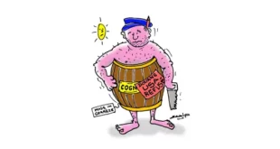 Dessin humoristique sur la filière bois en Corrèze : un homme torse nu portant un tonneau étiqueté "Cognac" et "Using a safe ref", une scie à la main, avec un panneau "Made in Corrèze" et une pièce d'or brillante.