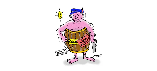 Dessin humoristique sur la filière bois en Corrèze : un homme torse nu portant un tonneau étiqueté "Cognac" et "Using a safe ref", une scie à la main, avec un panneau "Made in Corrèze" et une pièce d'or brillante.