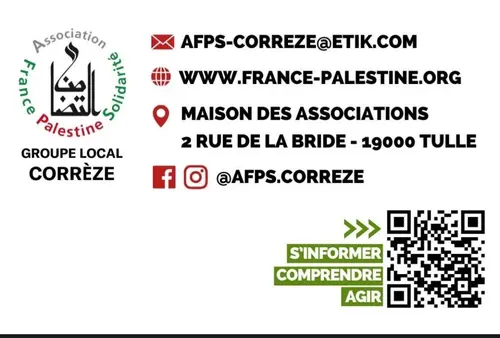 Carte de contact de l'AFPS Corrèze – logo Association France Palestine Solidarité, groupe local Corrèze, avec email afps-correze@etik.com, site www.france-palestine.org, adresse Maison des Associations à Tulle et réseaux sociaux @afps.correze.