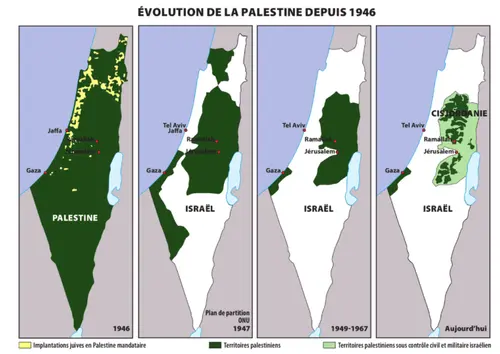 Infographie "Évolution de la Palestine depuis 1946" – quatre cartes montrant la partition de 1947, les territoires palestiniens de 1949 à 1967 et la situation actuelle avec la Cisjordanie.