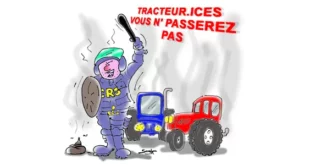 Dessin humoristique sur l'écriture inclusive : un CRS en armure brandit une matraque face à un tracteur, avec le slogan "TRACTEUR.ICES VOUS N'PASSEREZ PAS" en lettres rouges.