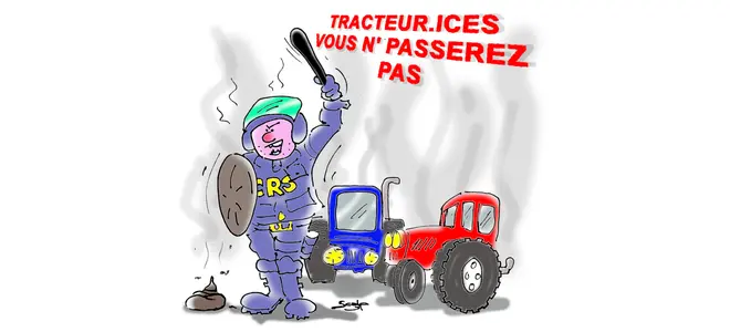 Dessin humoristique sur l'écriture inclusive : un CRS en armure brandit une matraque face à un tracteur, avec le slogan "TRACTEUR.ICES VOUS N'PASSEREZ PAS" en lettres rouges.