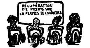 Illustration de l'article sur le stage Permis à points : quatre silhouettes assises de dos dans une salle, face à un tableau sur lequel est inscrit à la main "RÉCUPÉRATION DE POINTS SUR LE PERMIS DE CONDUIRE". Dessin au trait noir évoquant un stage de sensibilisation à la sécurité routière.