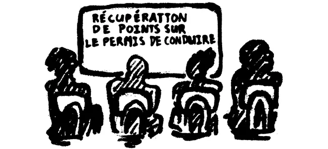 Illustration de l'article sur le stage Permis à points : quatre silhouettes assises de dos dans une salle, face à un tableau sur lequel est inscrit à la main "RÉCUPÉRATION DE POINTS SUR LE PERMIS DE CONDUIRE". Dessin au trait noir évoquant un stage de sensibilisation à la sécurité routière.