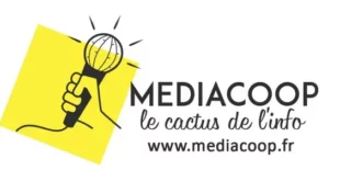 Logo du média local indépendant Mediacoop : une main brandissant un micro entouré de traits d'onde, sur un carré jaune incliné. Texte "MEDIACOOP – le cactus de l'info" et site www.mediacoop.fr. Illustration pour l'article sur la procédure-bâillon.