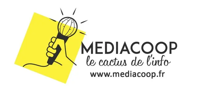 Logo du média local indépendant Mediacoop : une main brandissant un micro entouré de traits d'onde, sur un carré jaune incliné. Texte "MEDIACOOP – le cactus de l'info" et site www.mediacoop.fr. Illustration pour l'article sur la procédure-bâillon.