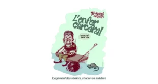 Image d'illustration pour l'article sur le logement des seniors en Corrèze. Montage typographique avec "L'énfant cachant" et "BASSE-TÔT MAUVE CON" – slogans détournés sur le thème de l'habitat et des solutions pour les personnes âgées. Titre "Légement des seniors, chacun sa solution" en bas.