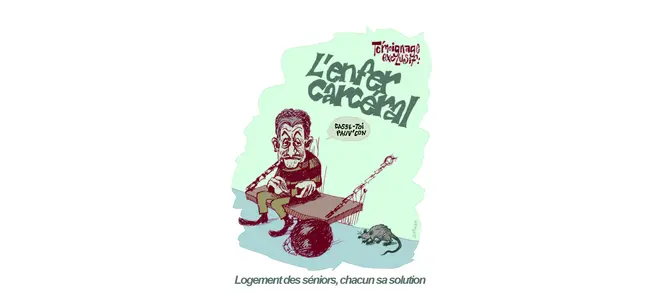 Image d'illustration pour l'article sur le logement des seniors en Corrèze. Montage typographique avec "L'énfant cachant" et "BASSE-TÔT MAUVE CON" – slogans détournés sur le thème de l'habitat et des solutions pour les personnes âgées. Titre "Légement des seniors, chacun sa solution" en bas.