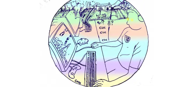 Illustration de l'article sur la Coupe de France de simulation agricole à Limoges – fond noir avec le texte "Clic Clic Clic" en répétition, évoquant l'univers du jeu vidéo Farming Simulator et de la simulation.