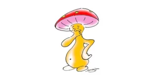 Dessin humoristique d'un champignon à tête rouge, le poing sur la hanche, qui dénonce la figure du "dominant" toxique décrite dans le poème.