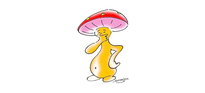 Dessin humoristique d'un champignon à tête rouge, le poing sur la hanche, qui dénonce la figure du "dominant" toxique décrite dans le poème.