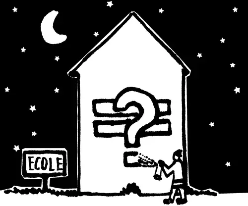 Illustration de l'article sur l'égalité filles-garçons : bâtiment scolaire représenté de nuit avec un ciel étoilé et une lune, un grand point d'interrogation sur la façade, un panneau "ÉCOLE" et une silhouette taguant le mur. Symbole des questionnements sur l'éducation et l'égalité.