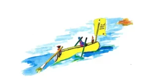 Caricature d'un bateau jaune filant sur l'eau avec l'inscription 'Sud vend scion' (jeu de mots pour 'Sous-traitant') sur son drapeau, illustrant la mise au pas des associations par l'État.")