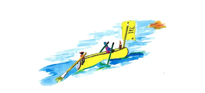Caricature d'un bateau jaune filant sur l'eau avec l'inscription 'Sud vend scion' (jeu de mots pour 'Sous-traitant') sur son drapeau, illustrant la mise au pas des associations par l'État.")