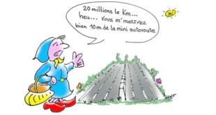 Illustration satirique de l'article sur la mini autoroute Limoges-Poitiers – texte "20 millions le Km... heu... Vous m'mettrez bien 10m de la mini autoroute" dénonçant le coût exorbitant du projet.