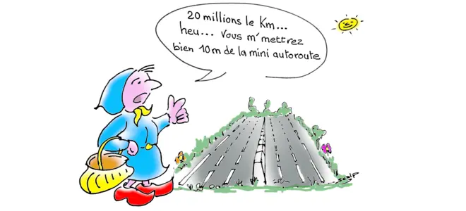 Illustration satirique de l'article sur la mini autoroute Limoges-Poitiers – texte "20 millions le Km... heu... Vous m'mettrez bien 10m de la mini autoroute" dénonçant le coût exorbitant du projet.