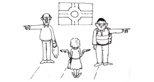 Dessin satirique sur l'égalité filles-garçons : deux adultes pointent du doigt une enfant qui se tient au milieu, les mains ouvertes en signe d'impuissance. En arrière-plan, un panneau de carrefour giratoire.