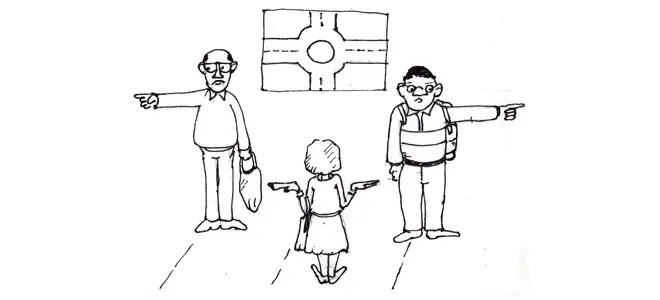 Dessin satirique sur l'égalité filles-garçons : deux adultes pointent du doigt une enfant qui se tient au milieu, les mains ouvertes en signe d'impuissance. En arrière-plan, un panneau de carrefour giratoire.