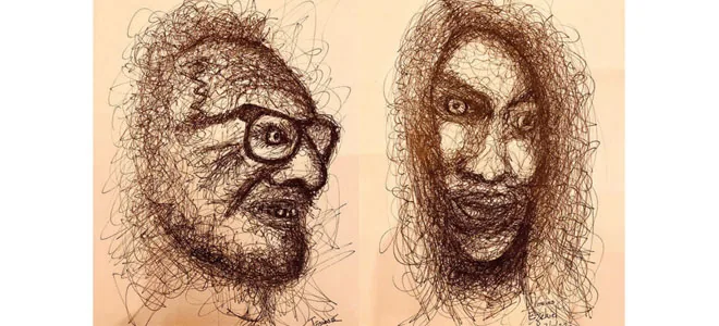 Dessin au crayon : deux portraits, un homme à lunettes et une femme