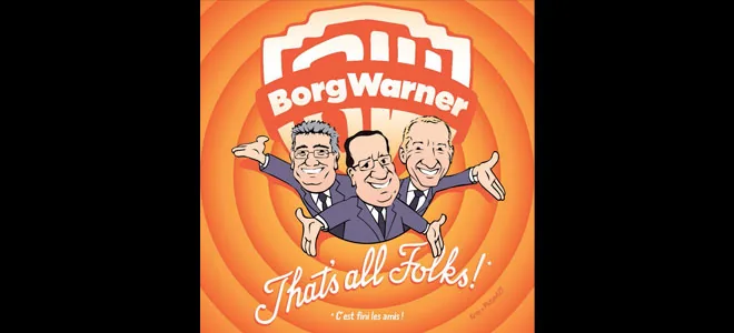 Affiche « Borg Warner : That's all folks ! » illustrée de trois personnages