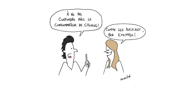 Dessin de Mancho représentant des citoyens qui font une blague sur les Balkany