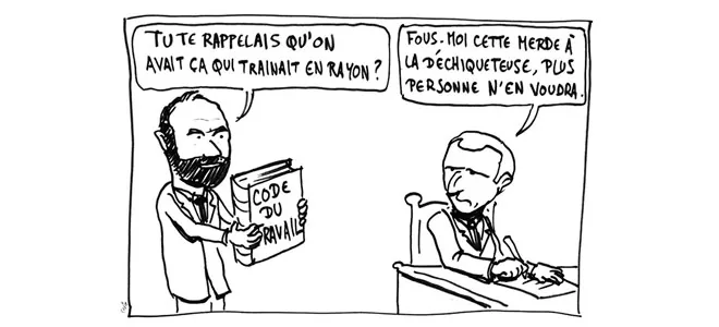 Caricature d'Emmanuel Macron et Édouard Phillipe se foutant du Code du travail