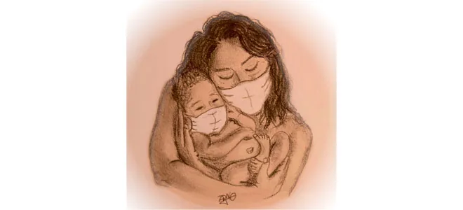 Illustration d'une enfant et d'une mère masqués