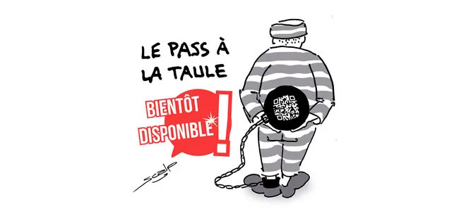 Illustration : un personnage masqué devant un appareil « Le pass à la taille »