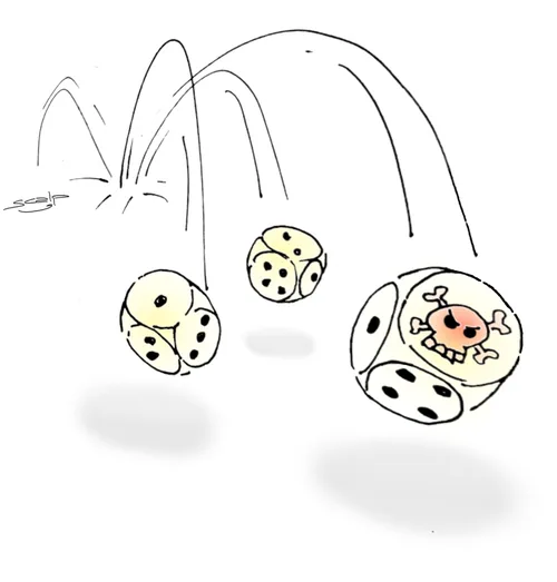 Dessin de Crisss pour l’article « Juste un jeu ? » : des boules et un visage, l’engrenage du jeu.