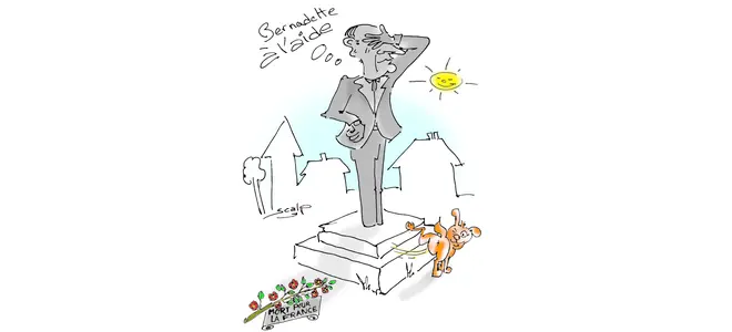 Illustration de Scalp : la statue de Jacques Chirac dans ses petits souliers, Bernadette à ses pieds — « z’aide ».